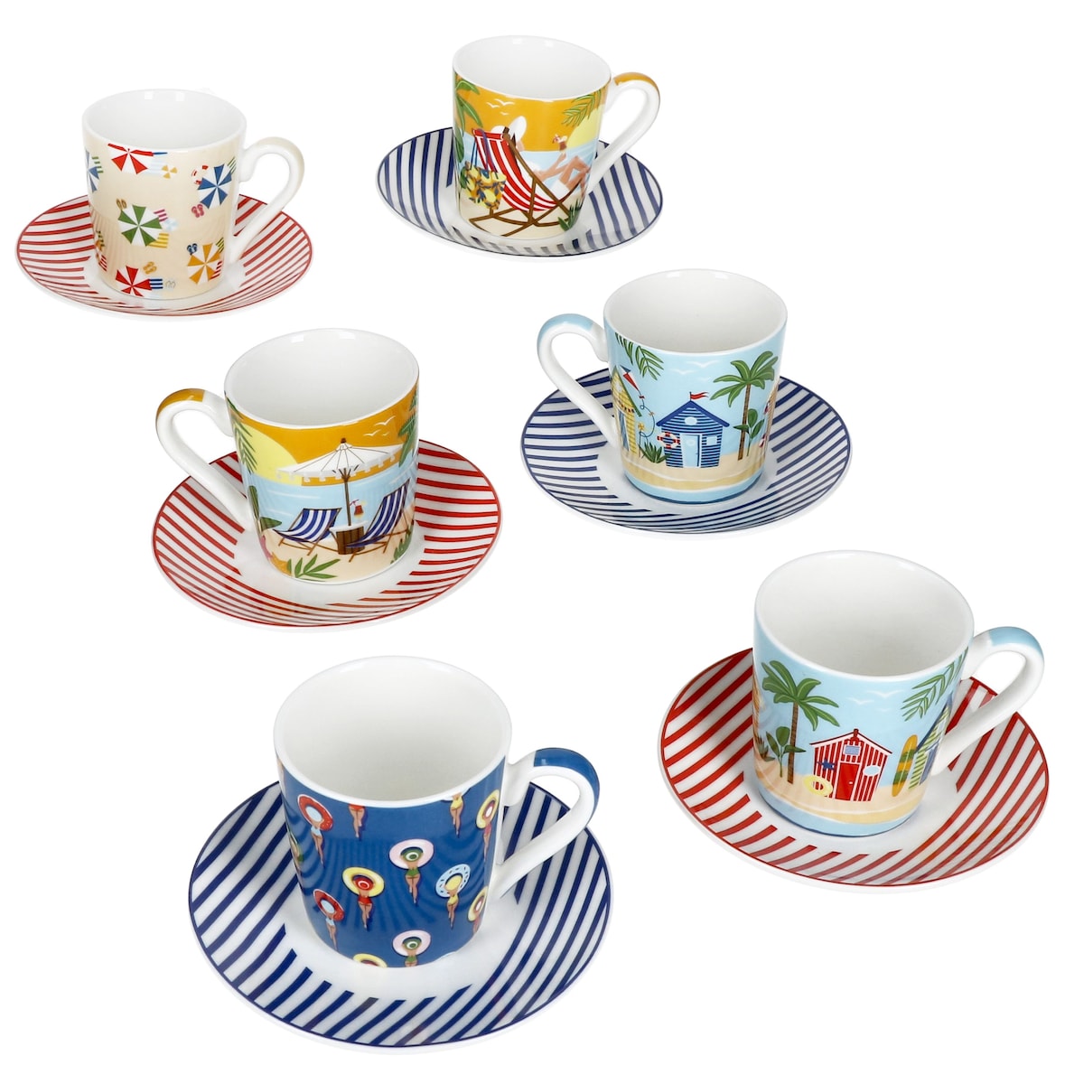 Atmosphere 6er Set Espressotassen 80ml mit Untertassen Stranddekor Sommer