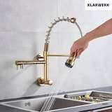 thumbnail of Björn | gastronomia grifo monomando de agua fría oro|grifo cocina profesional acero inoxidable dos rociadores|grifo fregadero doble restaurante pared