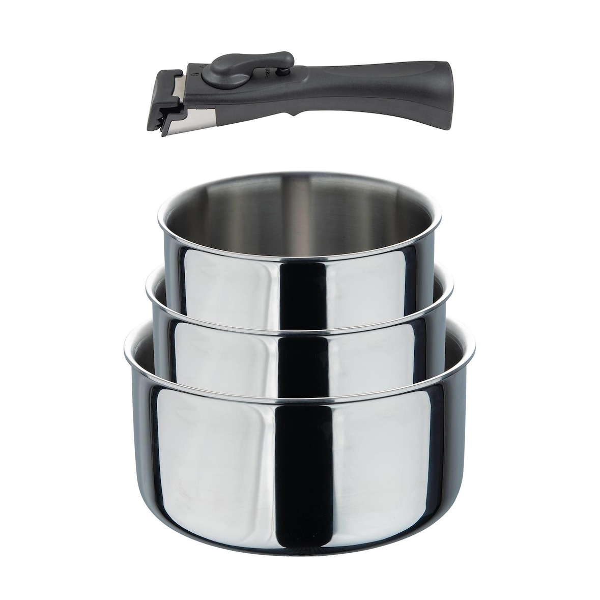 BERGNER Click&Cook - Set de 3 Cazos Ø16Ø18Ø20cm sin revestimientos con Mango desmontable en acero inoxidable