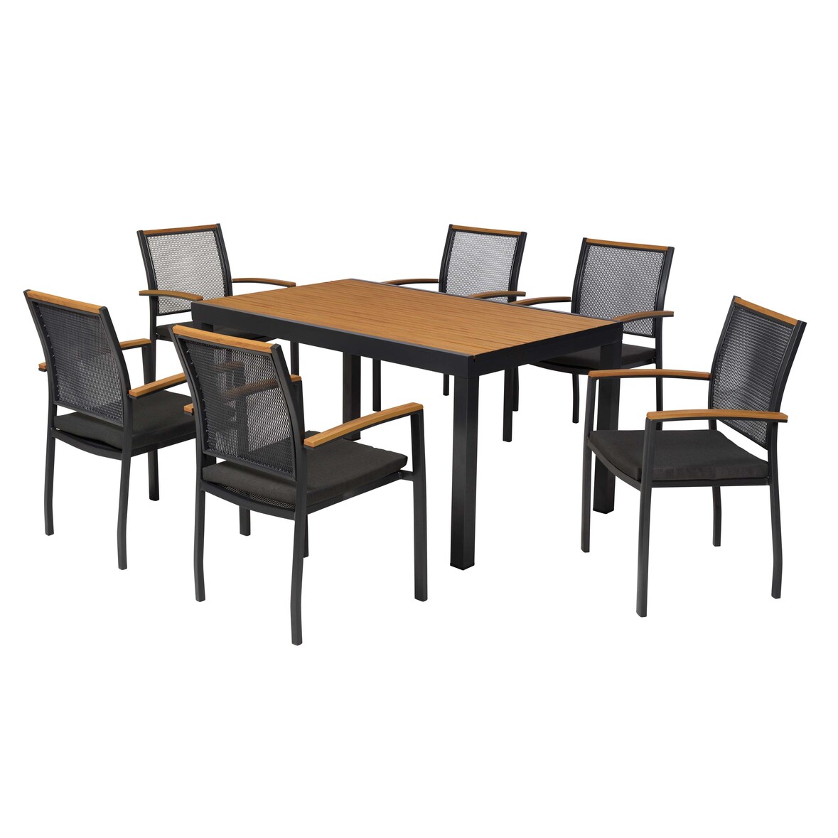 Merxx Itanos Set 13tlg., 6 Stapelsessel, 6 Auflegepolster, 1 Tisch 150 x 90 cm, Aluminium