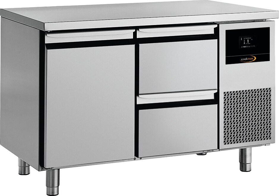 Cookmax Kühltisch GN 1/1 mit
1 Tür und 2 Schubladen, ohne Aufkantung