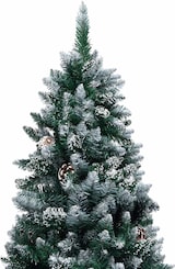 Ein künstlicher Weihnachtsbaum mit Schnee und Zapfen.