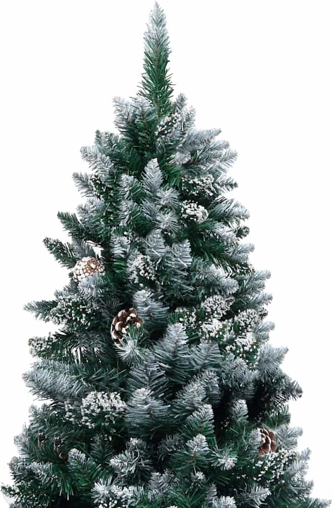Ein künstlicher Weihnachtsbaum mit Schnee und Zapfen.