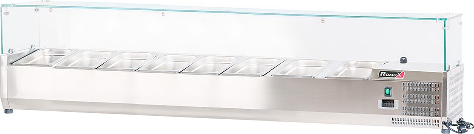 Romux® Kühlvitrinen für Tapas 180x39x44 cm aus Edelstahl und Glashaube mit 8 Becken GN 1/3 | Gekühlte Vitrine mit digitalem Dixell-Thermostat