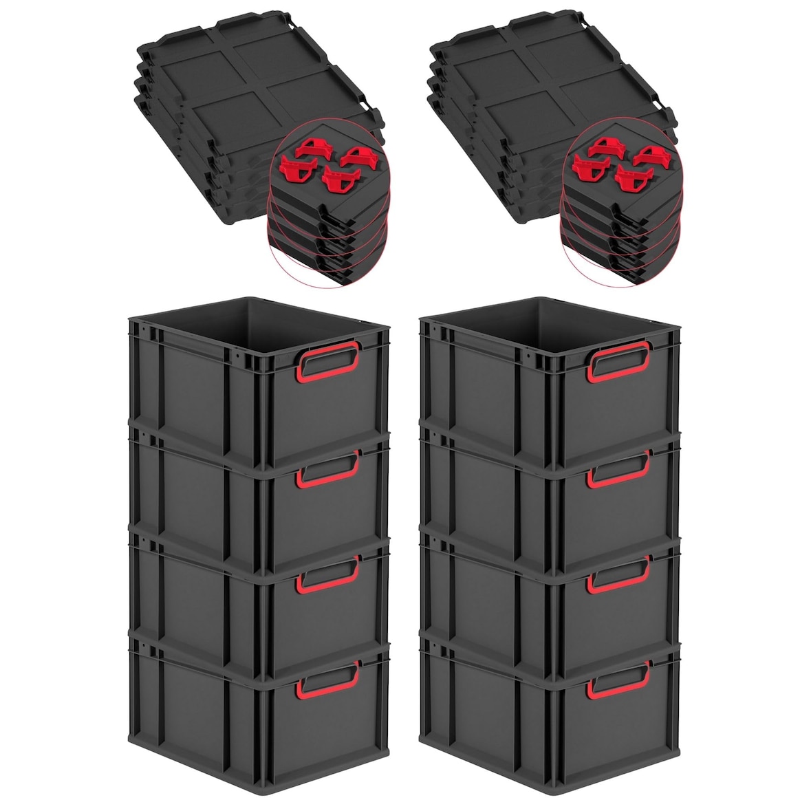PROREGAL SuperSparSet 8x Eurobox NextGen Color mit Auflagedeckel & Verschlüsse, HxBxT 22x30x40cm, 20L, Schwarz, Griffe rot zu, Eurobehälter