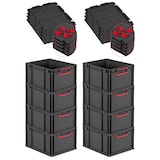 thumbnail of PROREGAL SuperSparSet 8x Eurobox NextGen Color mit Auflagedeckel & Verschlüsse, HxBxT 22x30x40cm, 20L, Schwarz, Griffe rot zu, Eurobehälter