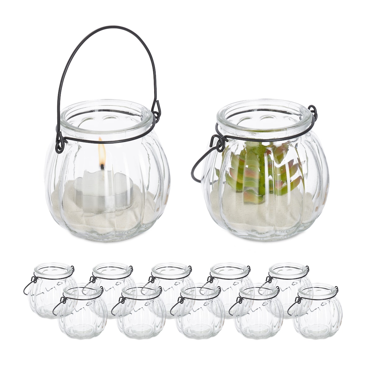 Relaxdays Windlicht Glas, 12er Set, Teelichthalter mit Henkel, H x D: 7,5 x 8 cm, rundes Kerzenglas, transparent