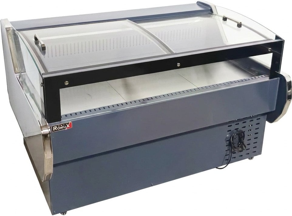 Romux® Kühltheke für Feinkost mit Niedrigem Gebogenem Glas Schwarz 420 Liter Umluftkühlung 180 cm | Professionelle Kühlvitrinen