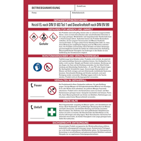 Aushang, Betriebsanweisung für Heizöl EL und Dieselkraftstoff - GHS/ISO 7010 Piktogramme - 200x300x1.5 mm Kunststoff