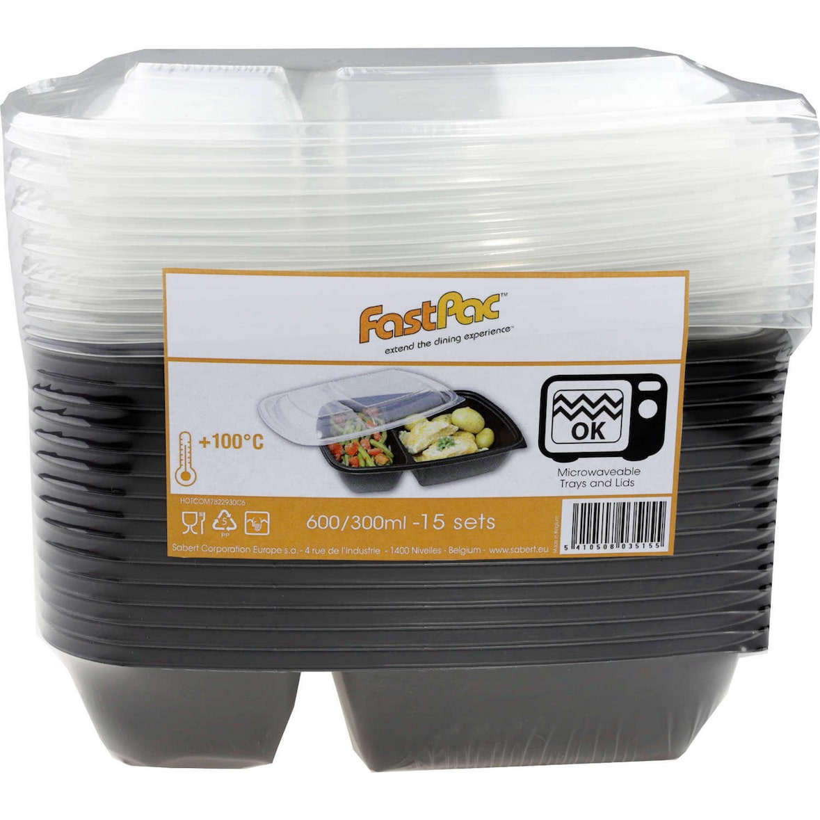 Barquette + couvercle micro-ondable à 2 compartiments 900 ml x 15 Sabert