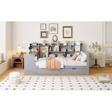thumbnail of Multifunktionales Schlafsofa-Bett mit Schreibtisch aus Massivholz 90x200cm grau–Platzsparend mit Steckdose, Regalen & Schubladen für Wohnung