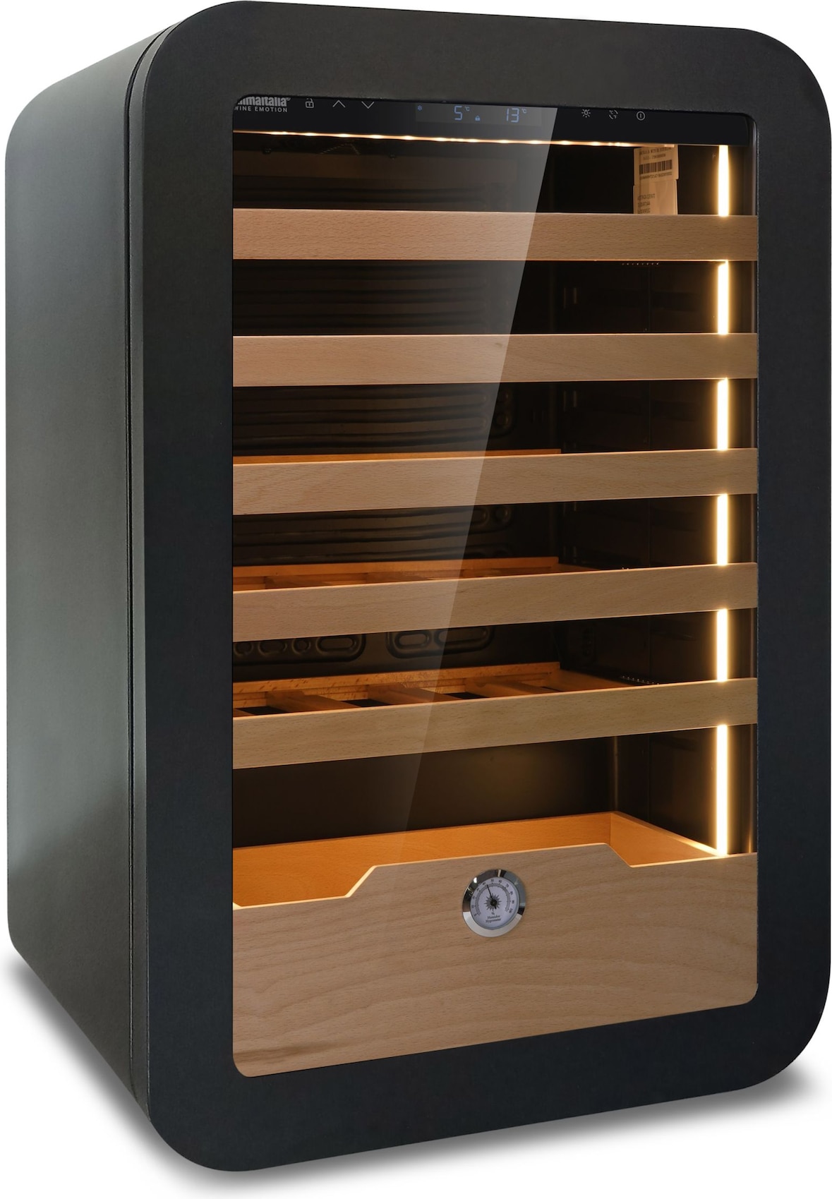 KLIMAITALIA Belüfteter Weinkühlschrank. LED-Beleuchtung. Elektronisches Thermostat. Holzregale + Kommode. Temperatur +2°C/+20°C. VINARIUS40BLK