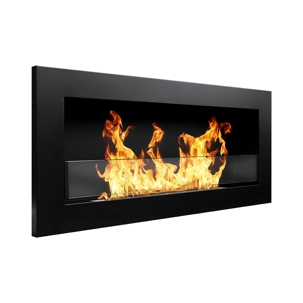 Lareira a bioetanol Livorno Black, de parede ou embutida, 90 cm de comprimento x 12 cm de profundidade x 40 cm de altura, com vidro.