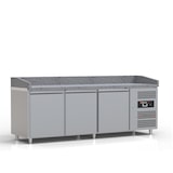 thumbnail of Pizzakühltisch - Pizzatisch mit 3 Türen inkl. Glaskühlaufsatzvitrine für 1/4 GN Behälter - IDEAL graue Granitarbeitsplatte