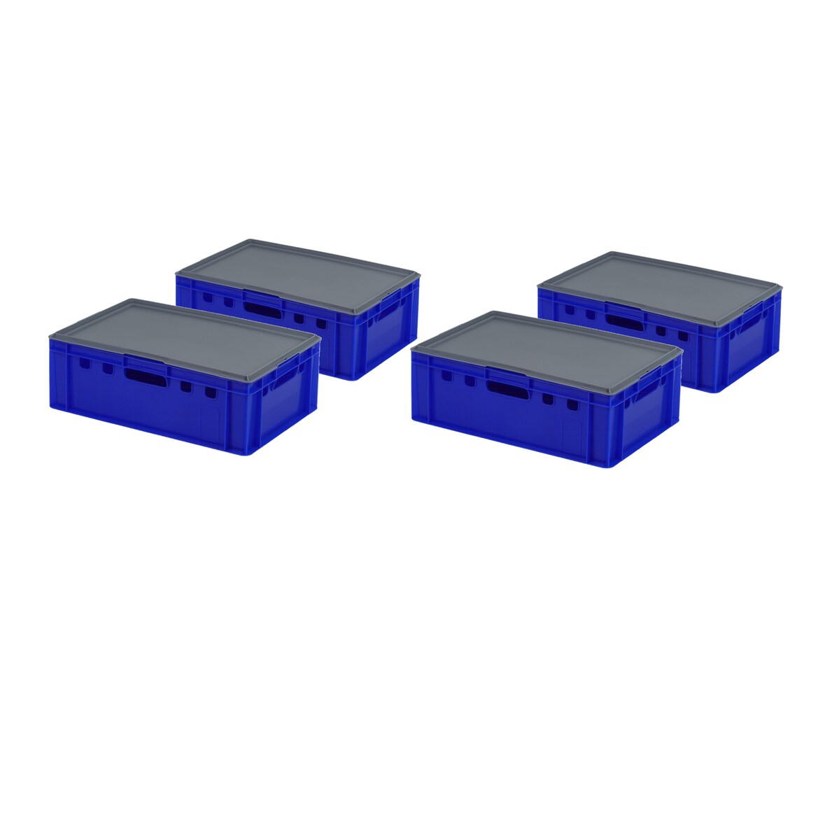 4 Stück blaue E2 Kisten 600x400x200 mm Fleischkasten Lagerkiste Metzgerkiste mit 4 grauen Deckeln