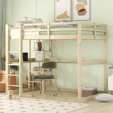thumbnail of Merax Hochbett Bettgestell mit Stauraum, komplett aus Kiefer, mit 4 Ablagefächern und einer Schreibtischplatte, Natur, 140 X 200 cm
