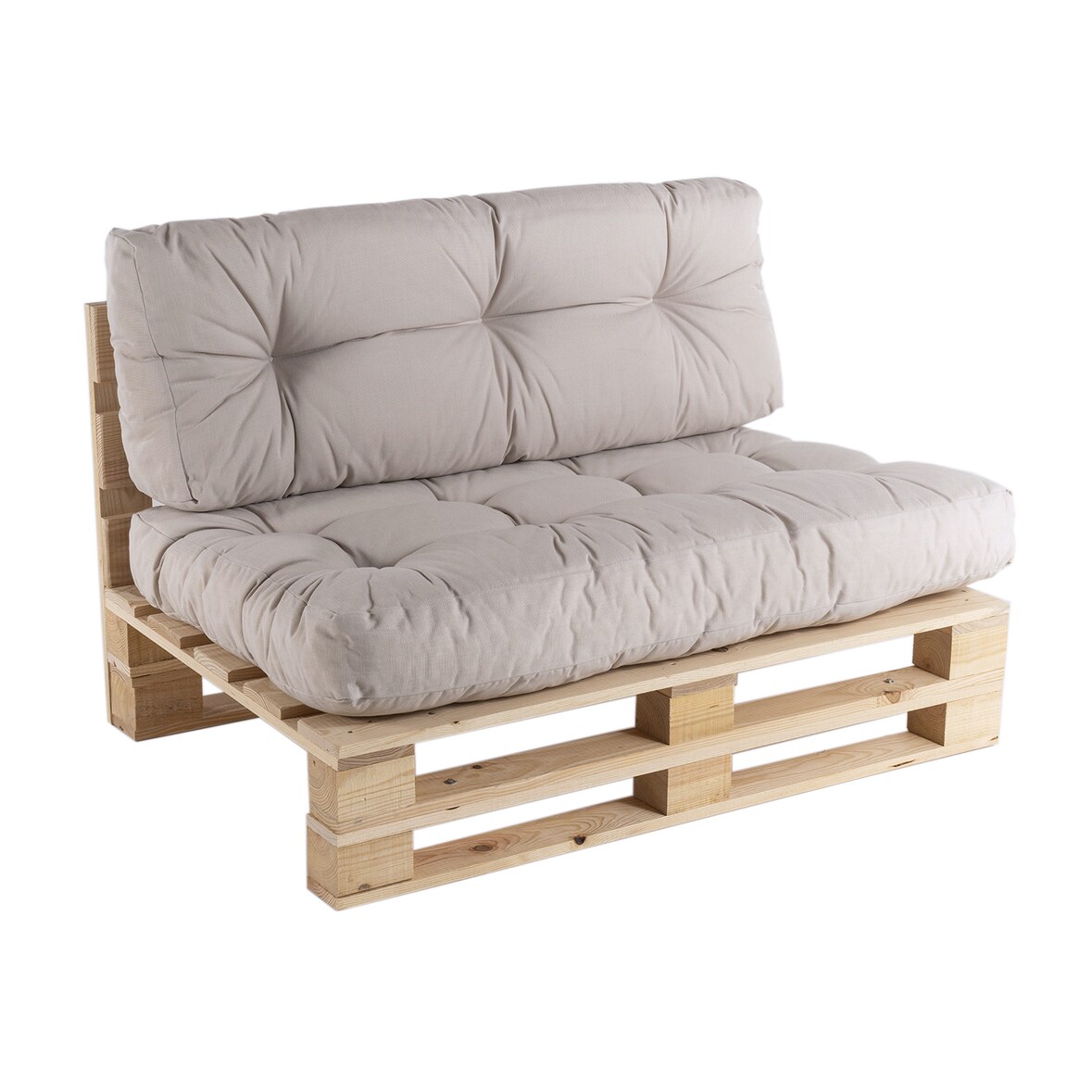 Sofá de palet + cojín de asiento 80x120x16 cm + cojín respaldo 42x120x16 cm, Olefin color crudo, Repelente al agua