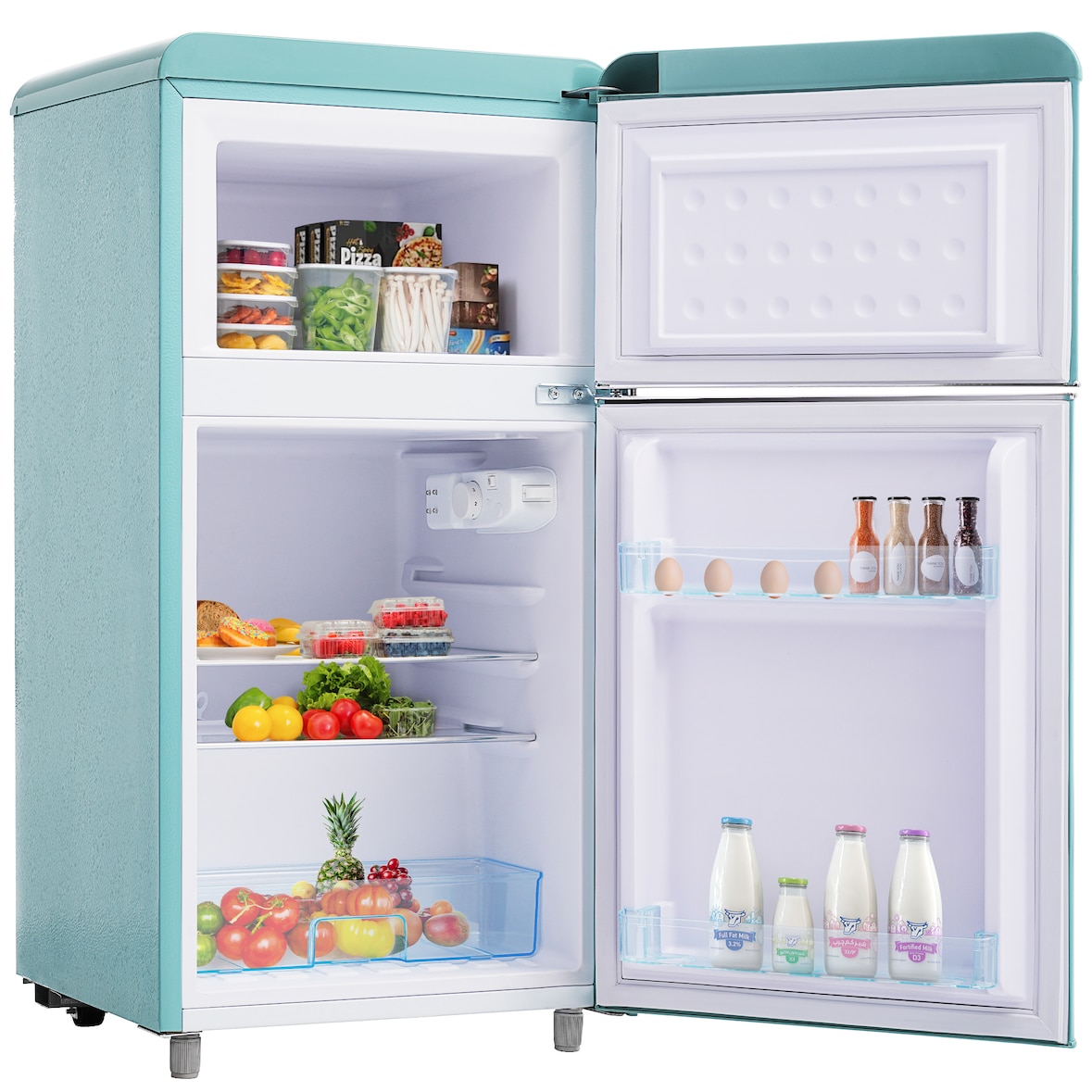 Retro Kühlschrank 46x45x91 Cyan 72L Volumen, 21L Gefrierfach, 51L Kühlbereich, LED-Beleuchtung, Verstellbare Regale
