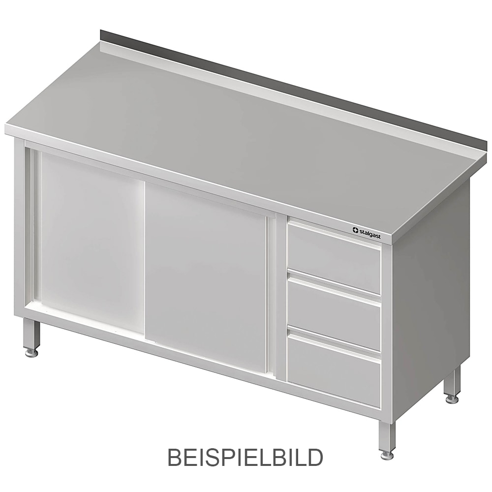 Stalgast Edelstahl Arbeitsschrank mit Schiebetüren, 1700x600x850 mm, mit 3er Schubladenblock links, mit Aufkantung, verschweißt