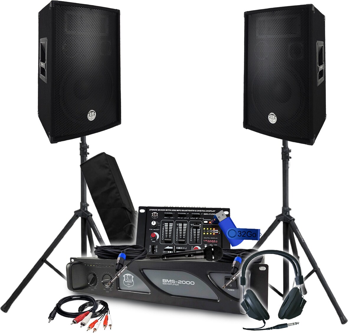 Pack Sono BM SONIC Amplificateur 2000W, Paire d'Enceintes Passives 2x600W, Table de Mixage, Pieds, Casque DJ, Câbles et Micro