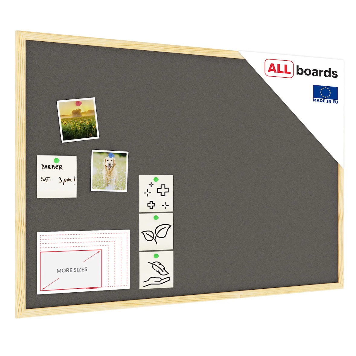 Allboards Grau Pinnwand mit Holz Rahmen 90x60cm Korktafel Korkwand Pinnwand Kork Grau Oberfläche