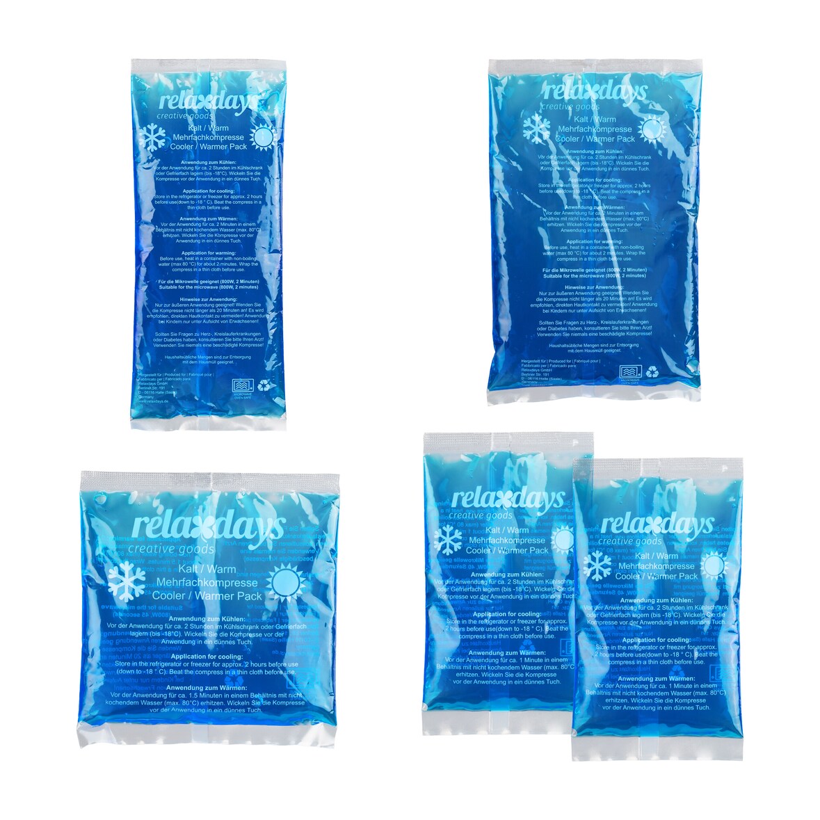 Relaxdays Kühlpads, 5er Set, 4 Größen, Kalt Warm Kompressen, mikrowellengeeignet, Gel Kühlkompressen, Kühlpacks, blau