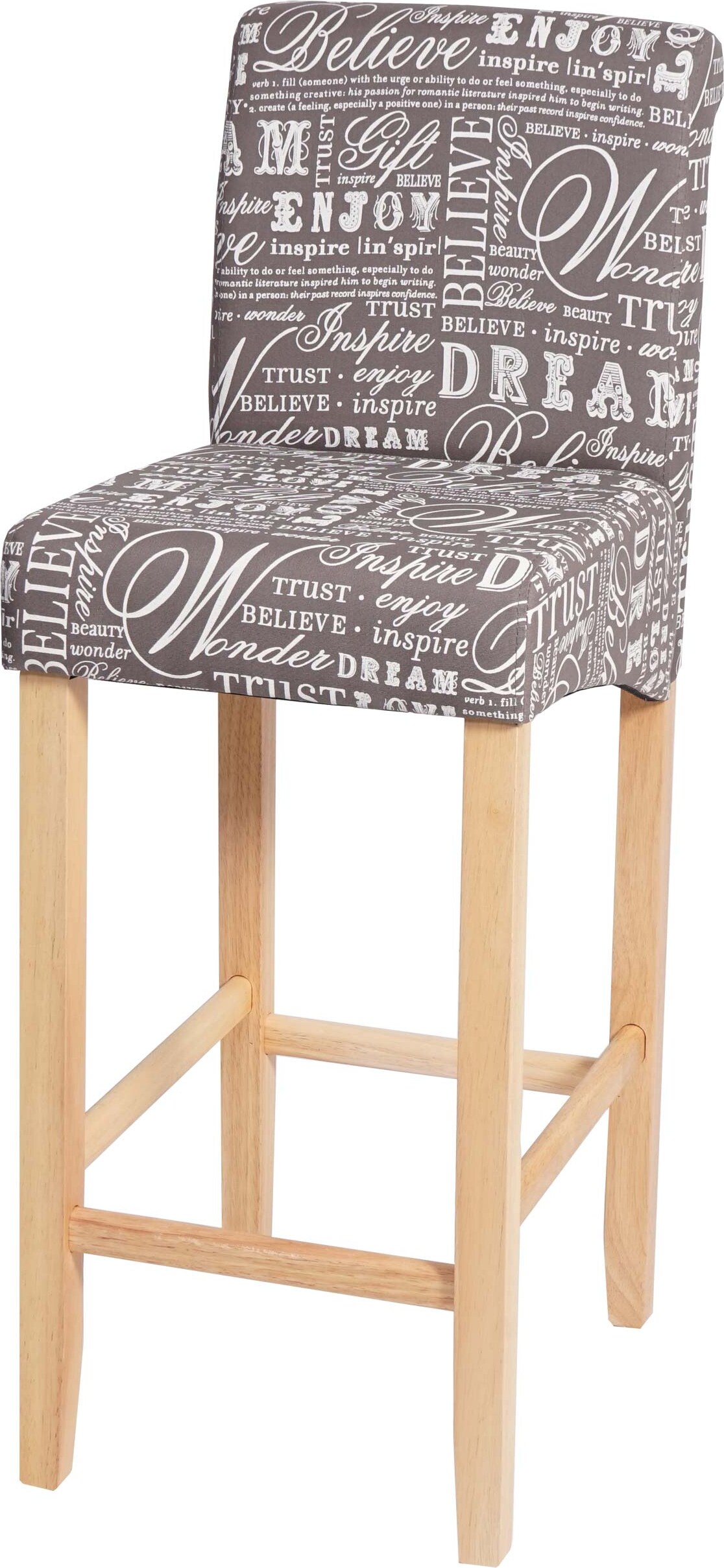 Décoshop26 - Barhocker hoher Barstuhl graues Schriftmuster Stoffbezug helle Holzbeine 04_0001238
