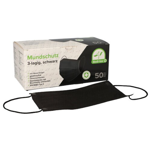500 Stück Mundschutz Type II, 3-lagiges Vlies 9 x 17,5 cm schwarz mit Nasenbügel