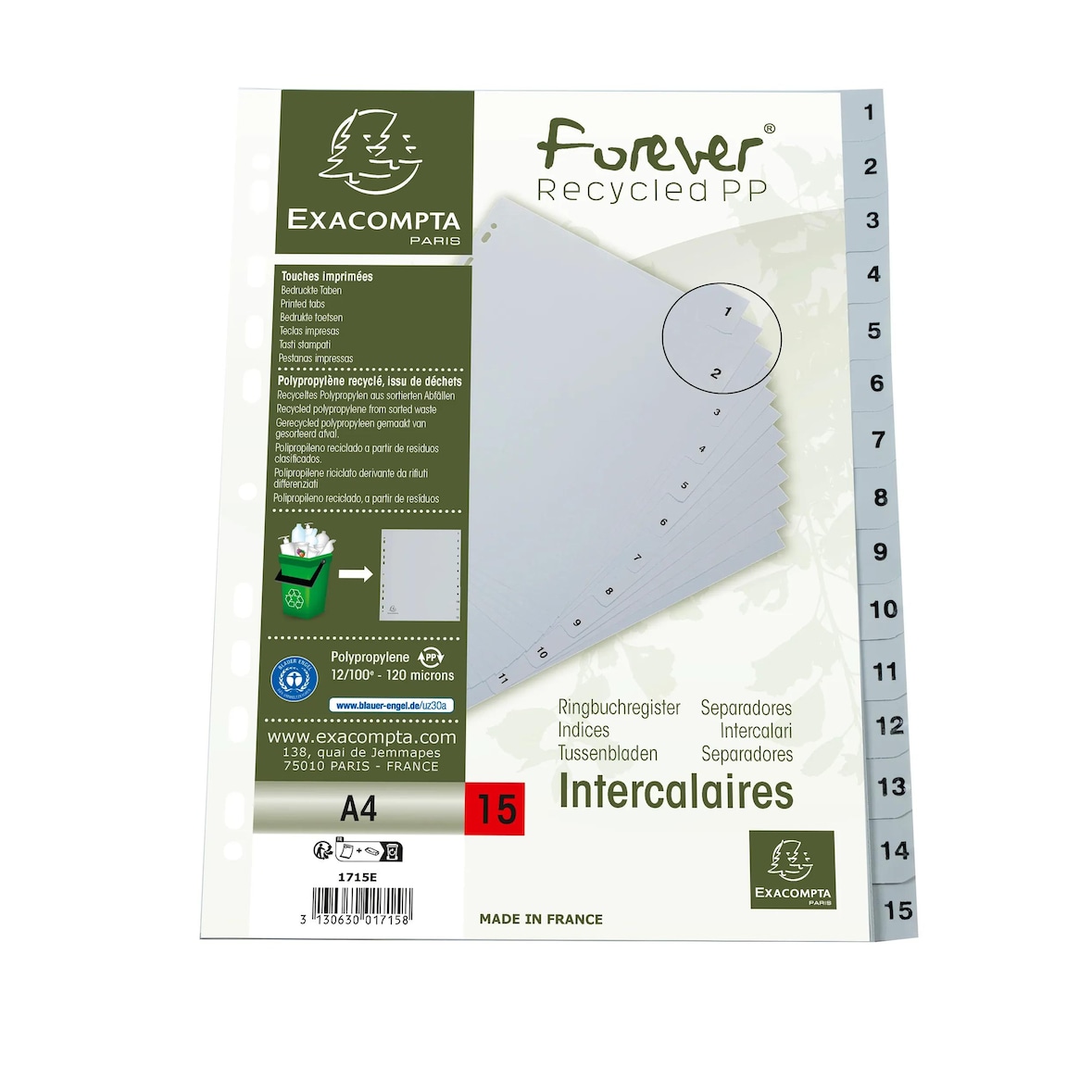 Exacompta - Réf. 1715E - Carton de 20 Intercalaires en PP recyclé gris - 15 onglets imprimés numériques de 1 à 15 - A4