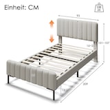 thumbnail of Polsterbett Einzelbett 90×200 mit verstellbarem Kopfteil, gepolstert, Leinenbezug, Massivholz und Metallrahmen, Schlafzimmer, Gästezimmer, Grau-Beige
