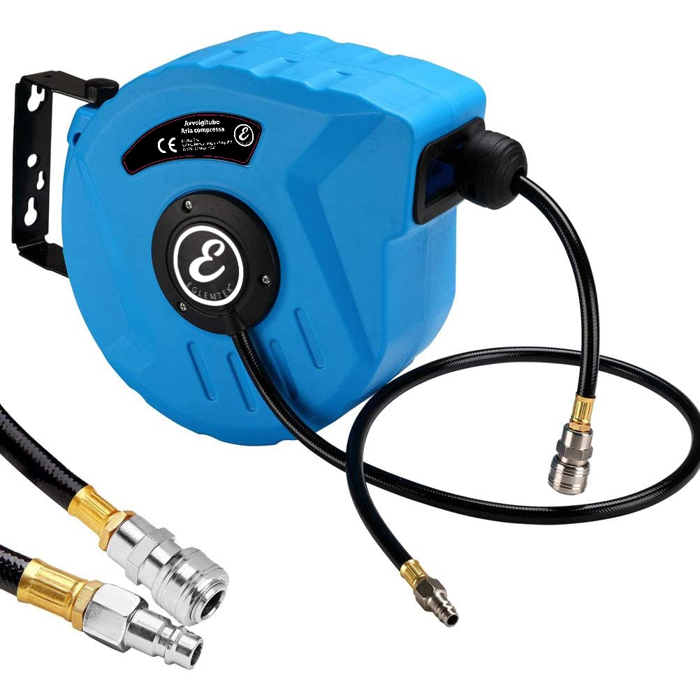 Avvolgitubo Aria Compressa Tubo Professionale Attacco 1/4' Fissaggio Parete Muro Sistema Blocco Automatico Riavvolgitore Pressione 24 Bar 10 + 1 Mt