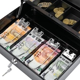 thumbnail of HMF 15230-02 Geldkassette abschließbar mit Münzeinsatz und 4 Scheinfächer mit Klammer, 30 x 24 x 9 cm, Schwarz