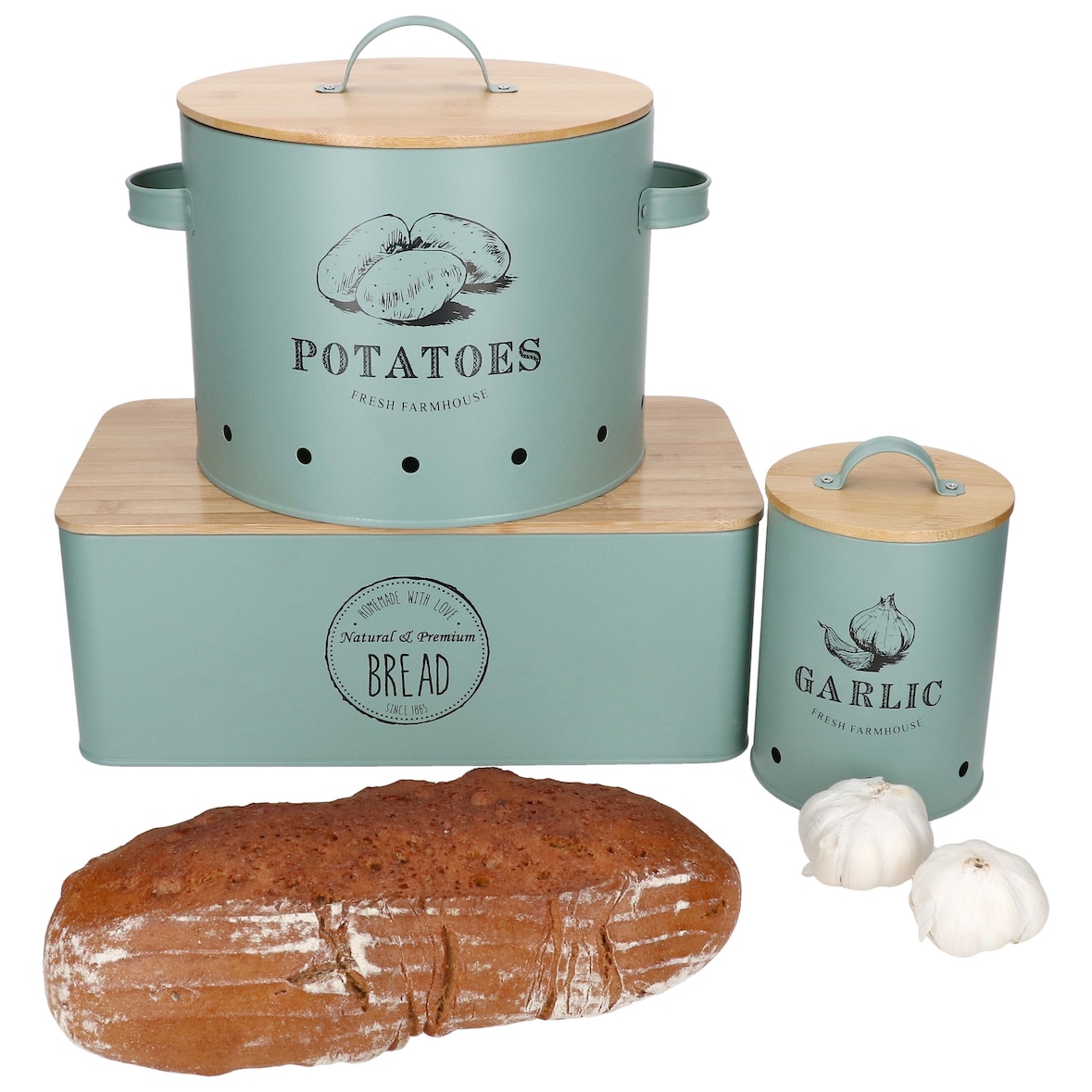 3tlg Set Brot-, Knoblauch- & Kartoffeltopf FRESH Mint aus Metall & Bambus – 10890, 10899 & 10893