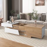 thumbnail of Merax Ausziehbarer Couchtisch, Wohnzimmertisch mit Schubladen, Beistelltisch mit Farbblockstruktur, Weiß und Holzfarbe