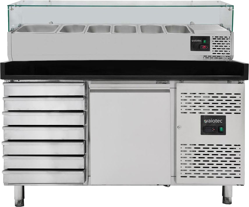 vaiotec Pizzakühltisch / 1-türig & 7 Schubladen "schwarz" inkl. Kühlaufsatz GN1/3, 1510 x 800 mm