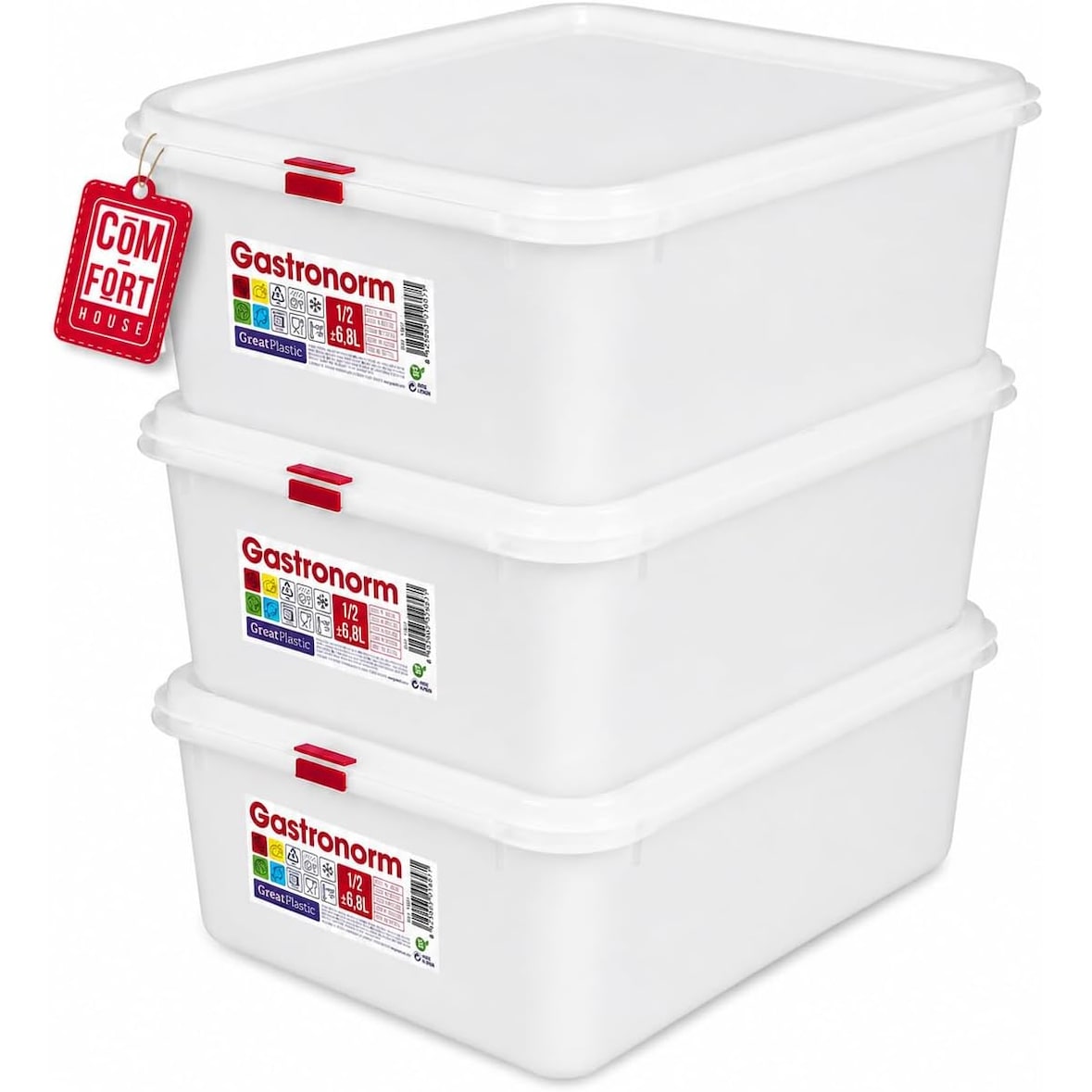 Tupper Hermético Rectangular 6,8L Pack 3 – Recipientes Gran Capacidad con Tapa, Aptos Microondas y Congelador, Blanco