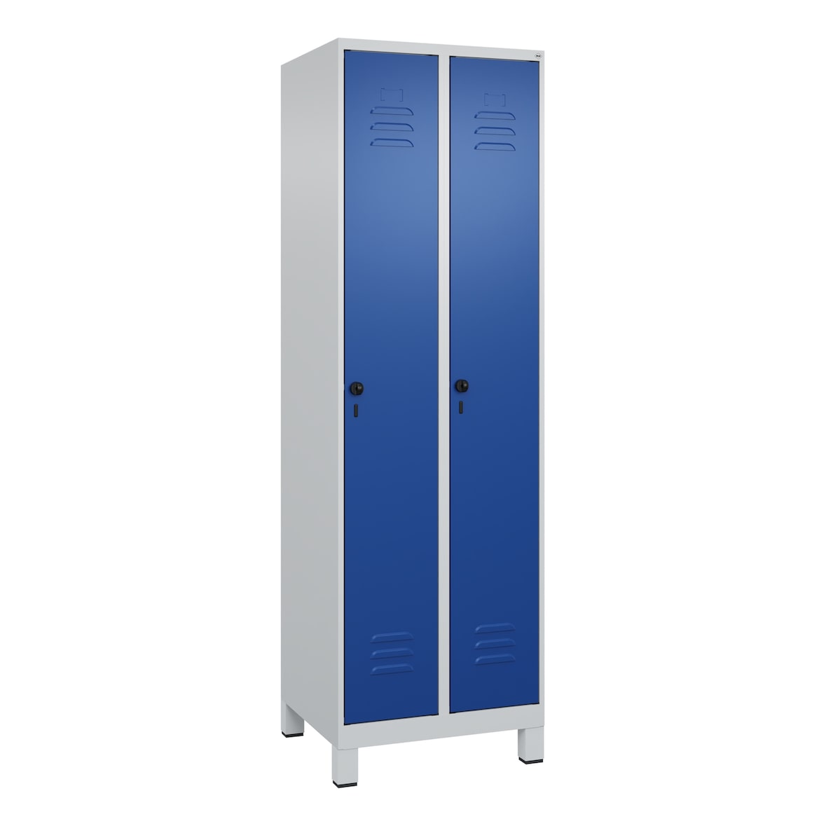 C+P Spind Classic PLUS, Füßen, 2 Abteile, HxBxT 195x60x50cm, Sicherheitsdrehriegel, Hellgrau/Enzianblau von PROREGAL