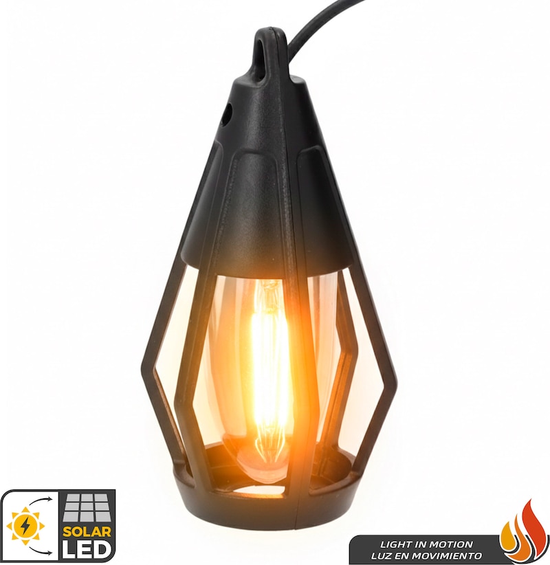 Una cadena de luces LED solares con detección de movimiento.