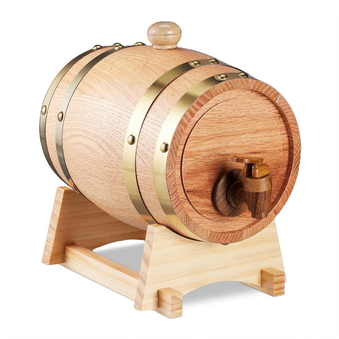 Relaxdays Schnapsfass, 1,25 l, Eichenholz, Holzfass mit Bock & Zapfhahn, Whisky, Wein, Spirituosen, Whiskyfass, natur