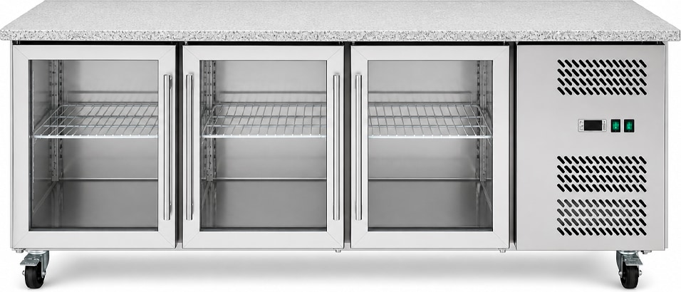 Romux® Kühltisch mit 3 Glastüren 180x70 cm mit Marmor-Arbeitsplatte und Luftkühlung | Theken Kühlschrank aus Edelstahl mit 417 L und 750 W