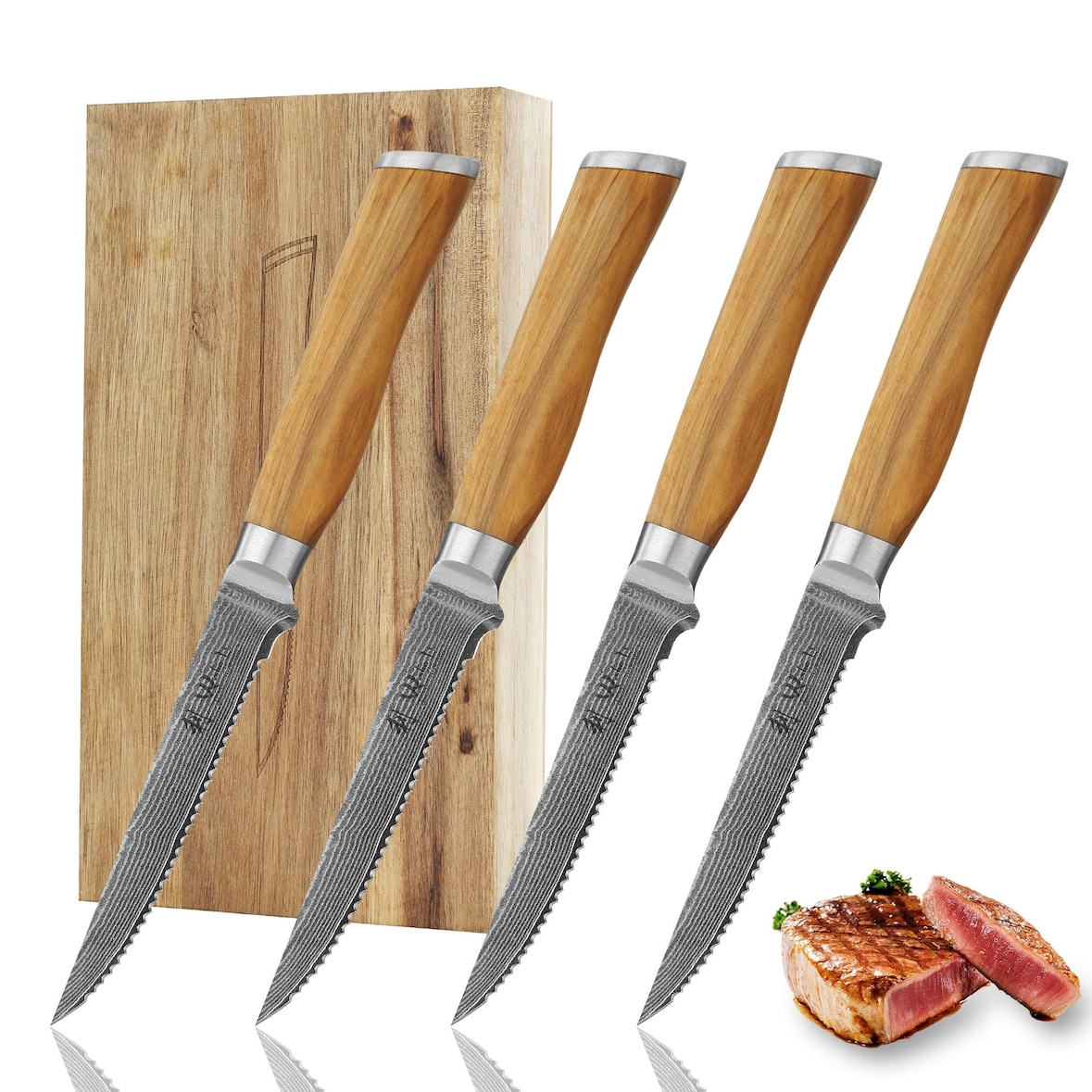 Wakoli 4er Damast Steakmesser-Set, Klingenlänge 12,50 cm mit Olivenholzgriff