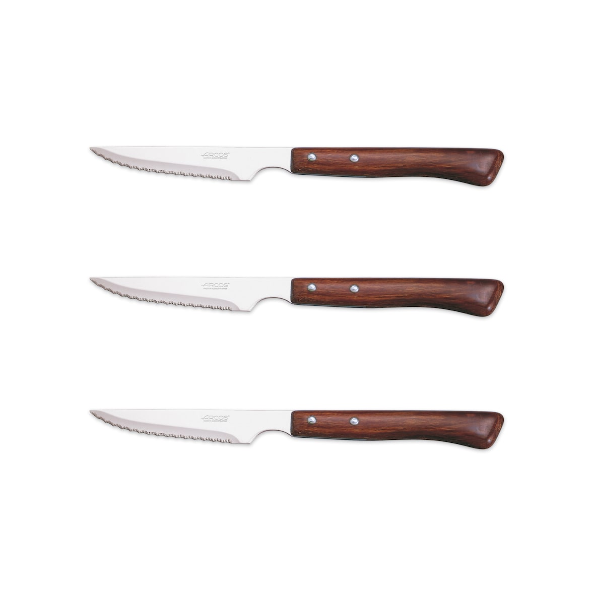 Arcos conjunto de 3 Facas de Churrascos, Lâmina serrilhada de Aço Inoxidável NITRUM de 110 mm, Cabo madeira comprimida, Cor castanho