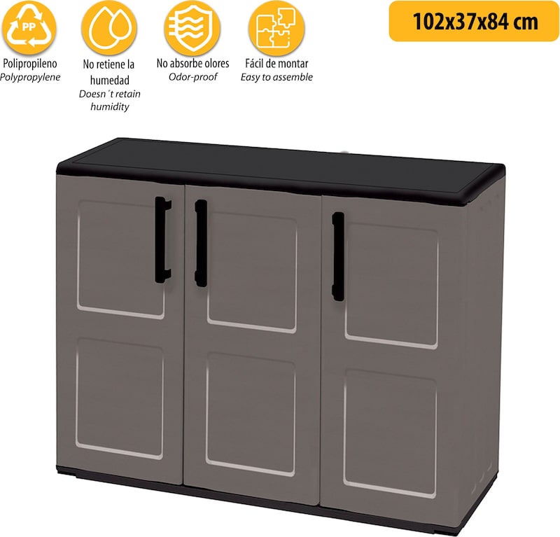 Un armario de plástico gris con tres puertas.