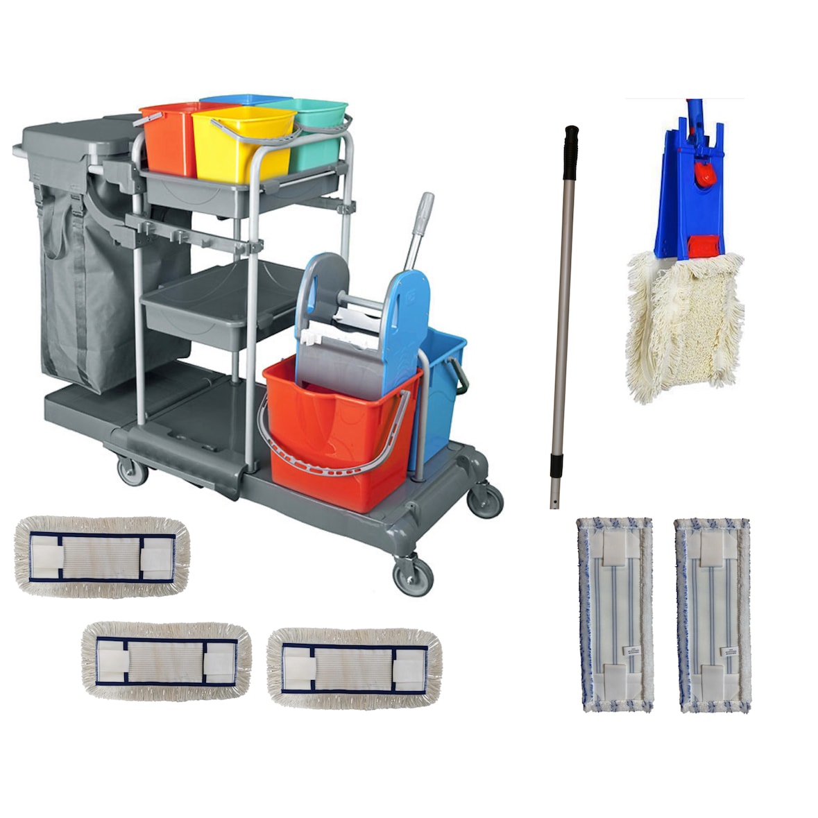 CleanSV Deluxia Profi PE Reinigungswagen LamoSet 40 cm, 1 Laschenmop Halter, 4 x Laschenmop Baumw., 2 Lamo Microfaser, Teleskopstiehl