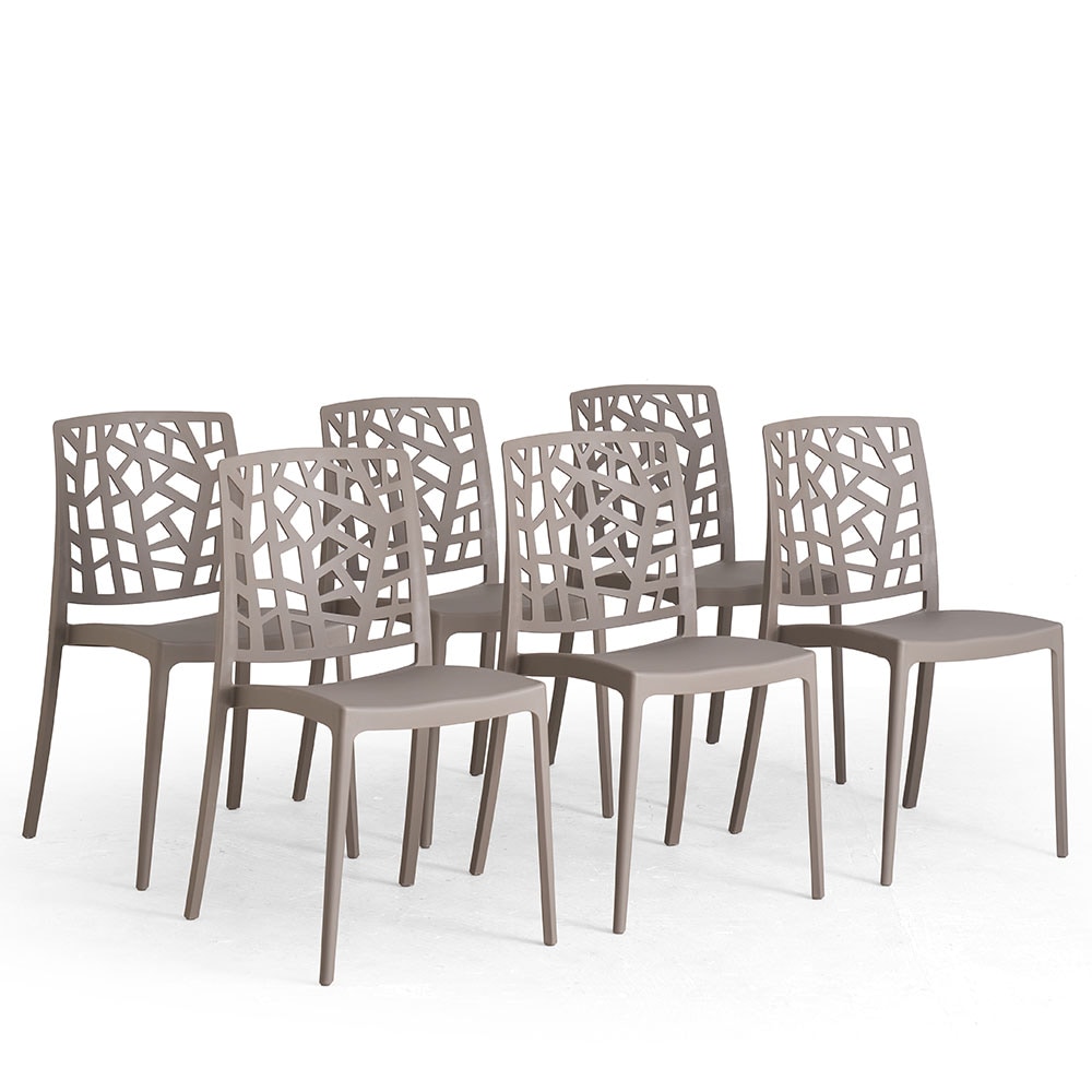 Lot de 6 chaises empilables en polypropylène avec fibre de verre pour jardin ou intérieur, hydrofuges et résistantes, design moderne-TRIXY-Taupe