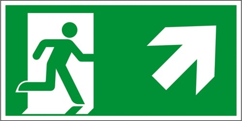 Schild I Rettungszeichen Rettungsweg rechts aufwärts, Kunststoff, 300x150mm, ASR A1.3, DIN EN ISO 7010 E002
