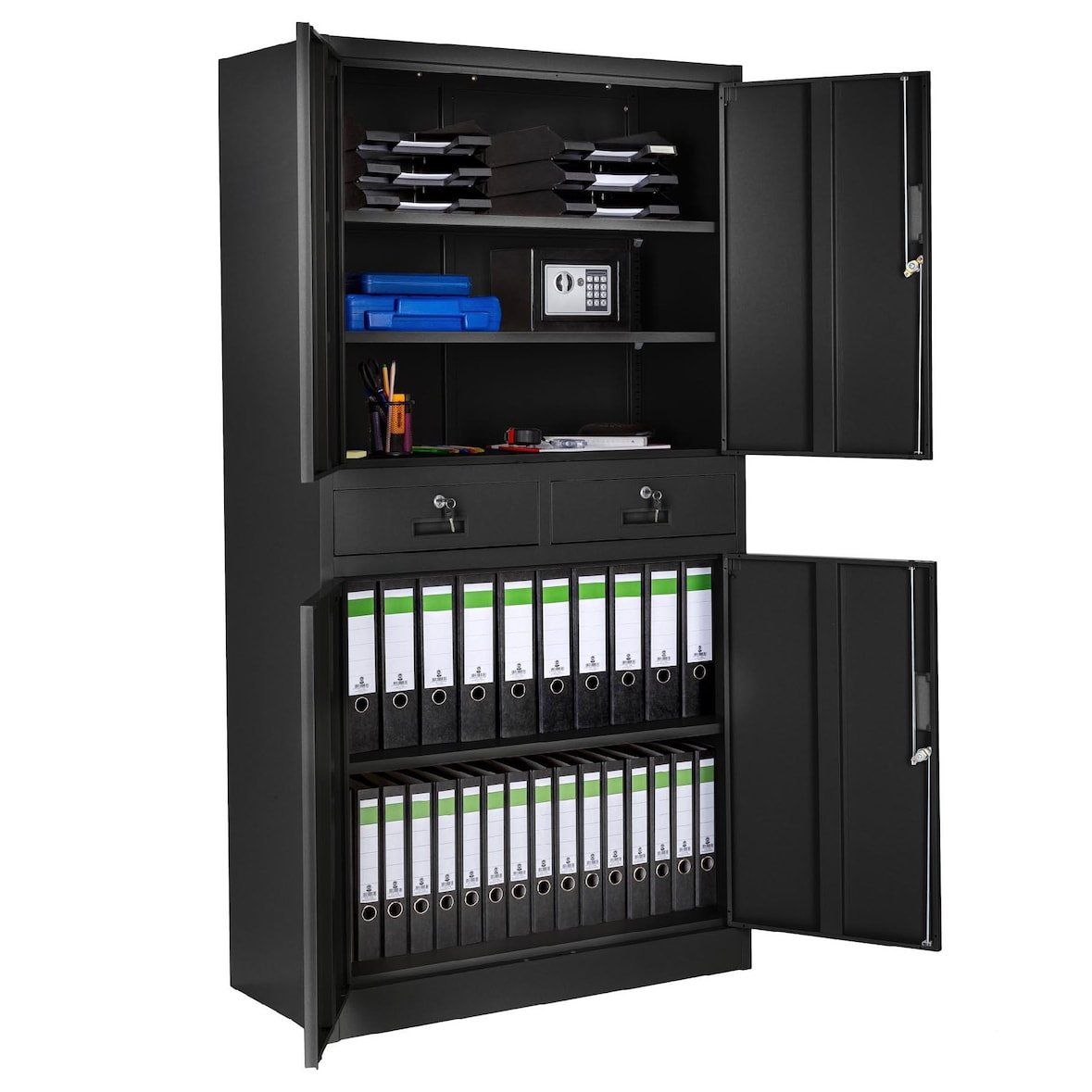 tectake Armario archivador con cierre de seguridad, 5 alturas + 2 cajones, 40 x 90 x 180 cm  Negro