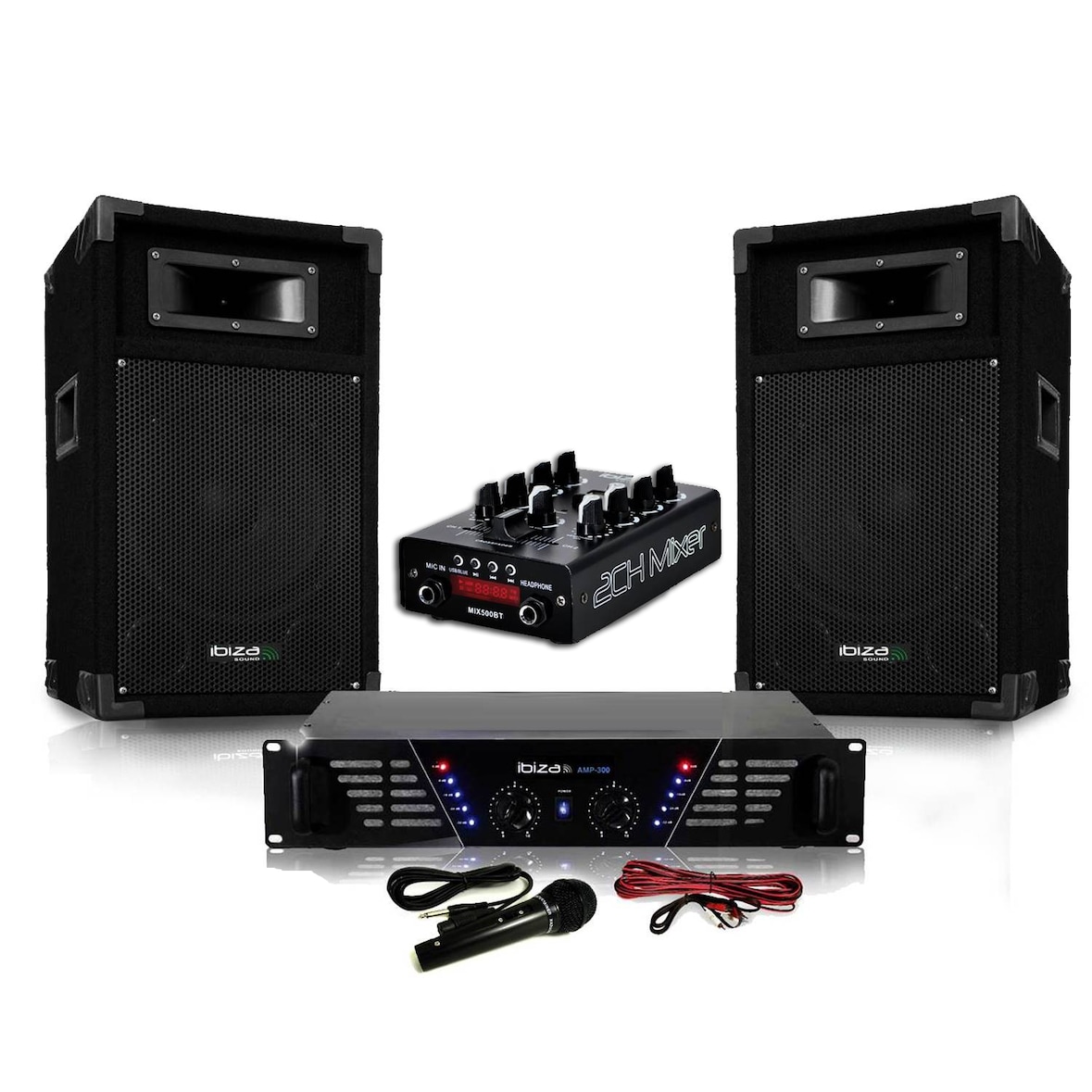 Pack Sono complet DJ-MIX500-BT ampli + enceintes 500W + Table de mixage USB Bluetooth Micro + Câbles