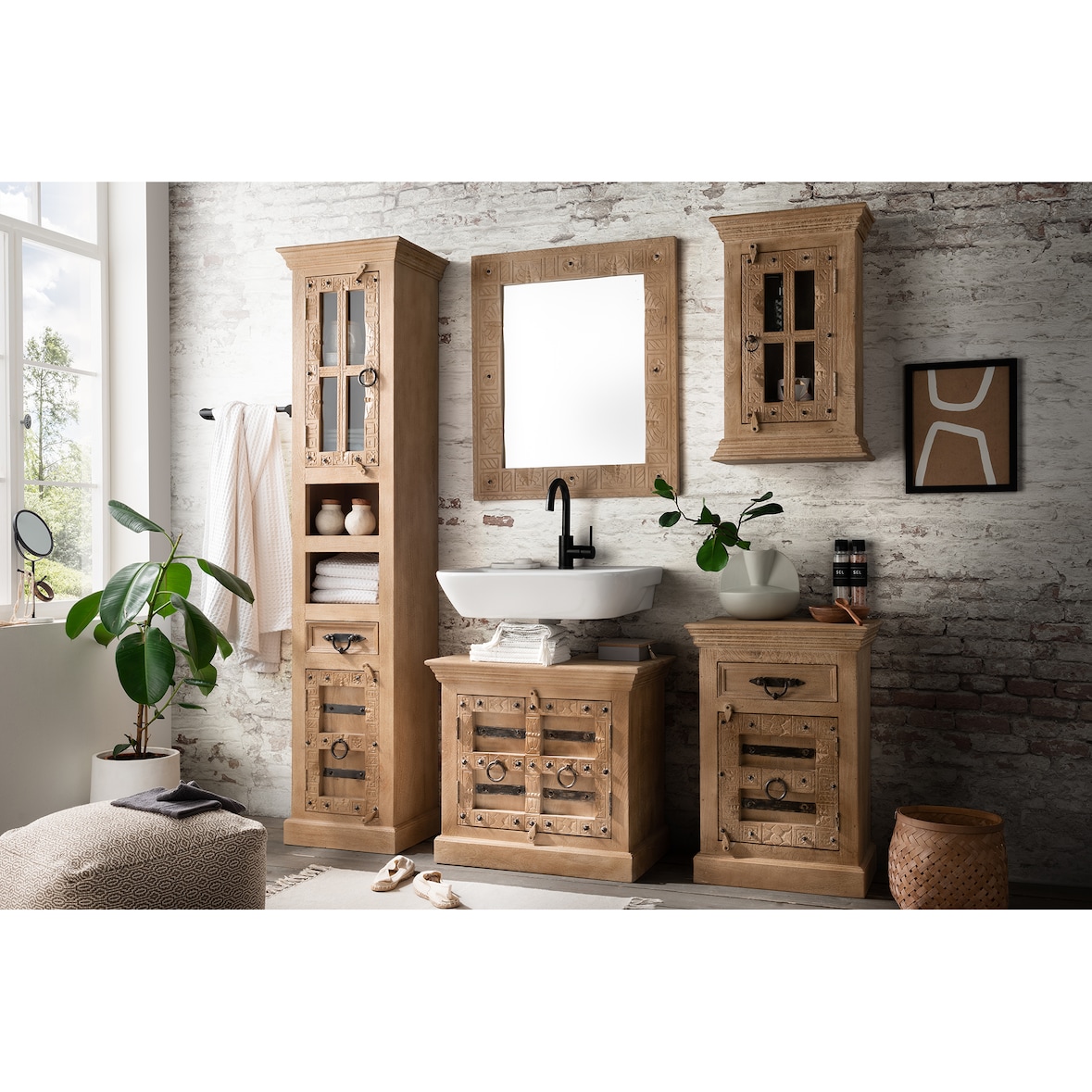 SIT Möbel 5-delige badkamerset in natuurlijk mangohout, 1 hoge kast, 1 onderkast, 1 spiegel, 1 kleine kast, 1 wandkast, B 44 x D 35 x H 188 cm