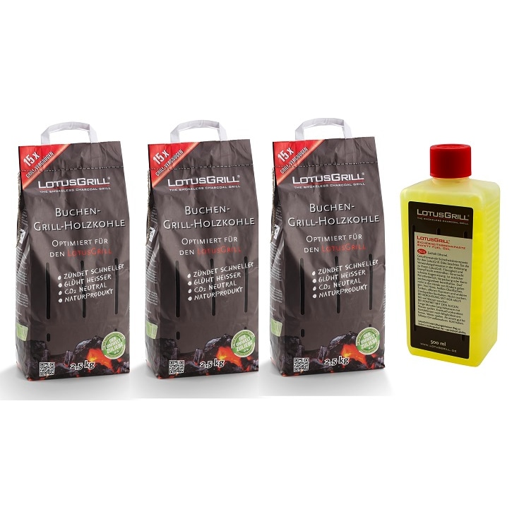 LotusGrill Buchenholzkohle 3X 2,5 kg Sack inkl. LotusGrill Brennpaste 500 ml, beides entwickelt für raucharmes Grillen mit dem LotusGrill